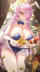  @_@ absurdres accident animal_ears azur_lane bare_shoulders blue_bow blue_bowtie blue_eyes blue_leotard blush bow bowtie braid breast_rest breasts breasts_on_tray carried_breast_rest carrying cherry cleavage coin commentary detached_collar dropping elbow_gloves fake_animal_ears female food fruit gloves hair_ornament hair_over_one_eye hairband highres inconvenient_breasts large_breasts leotard long_hair looking_at_viewer louisville_(an_order_of_dreams)_(azur_lane) louisville_(azur_lane) off_shoulder one_eye_covered parted_lips pink_hair playboy_bunny rabbit_ears solo tansuan_(ensj3875) thighs white_gloves 