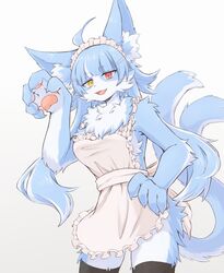  2023 5_fingers anthro apron blue_body blue_fur clothing female fingers fur hi_res inner_ear_fluff japan_air_self-defense_force legwear maid_apron multicolored_eyes omaneko_(jasdf) open_mouth simple_background ska_siyu solo thigh_highs tuft white_background white_body white_fur 