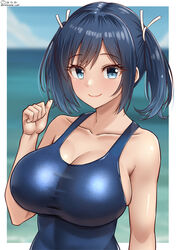  beach blue_eyes blue_hair blue_one-piece_swimsuit blue_sky blush border breasts cloud collarbone day female hair_ribbon highres kantai_collection large_breasts looking_at_viewer ocean one-hour_drawing_challenge one-piece_swimsuit outdoors ribbon school_swimsuit shiromaru_(maniado) short_hair sky smile solo souryuu_(kancolle) swimsuit twintails twitter_username upper_body white_border 