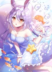  air_bubble animal animal_ears bare_shoulders barefoot blue_dress bow breasts brown_eyes bubble clam cleavage day dress feet_out_of_frame female fish frilled_dress frills hair_between_eyes hairband hairbow hand_up himesaki_yuzuru long_hair medium_breasts noripro outdoors parted_lips purple_hair rabbit_ears solo star_(symbol) strapless strapless_dress sumisaki_yuzuna underwater very_long_hair virtual_youtuber water white_bow white_hairband wrist_cuffs 