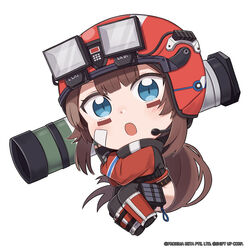  belt black_belt black_footwear black_gloves blue_eyes blunt_bangs brown_hair chibi commentary english_commentary female fingerless_gloves floating_hair full_body gloves goddess_of_victory:_nikke headset helmet high_collar highres holding holding_weapon jacket long_hair long_sleeves looking_at_viewer mica_(nikke) official_art open_mouth puffy_long_sleeves puffy_sleeves red_headwear red_jacket simple_background solo totatokeke very_long_hair weapon white_background 