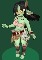  3d_(artwork) armor big_ears black_hair black_nails bloody_clothes bone bone_accessory bottomwear bracers breasts clothing colored_nails digital_media_(artwork) dot_(hibby3d) ear_piercing fangs feet female goblin green_body green_skin hair hibby3d humanoid jewelry long_hair markings midriff nails necklace not_furry piercing red_sclera severed_body_part severed_limb side_shirt skirt skull_hair_accessory solo tattoo teeth thigh_belt tribal tribal_markings tribal_tattoo yellow_eyes 