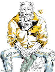  2021 5_fingers ai_(beastars) anthro anthro_on_anthro bear beastars bottomwear canid canine claws clothing cuddling denim denim_bottomwear denim_clothing duo female finger_claws fingers fox fur hi_res humanoid_hands jacket jeans joze_osaka larger_male male male/female mammal open_mouth pants riz_(beastars) sharing_clothing size_difference smaller_female smile teeth tibetan_sand_fox tongue topwear true_fox yawn 