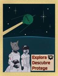  absurd_res anthro armor canid canine canis clothed clothing digital_media_(artwork) duo female fur headgear helmet hi_res human humanoid male mammal propaganda propaganda_poster satellite sky-rouge solo spacecraft spacesuit spanish_text tail text uniform vehicle wolf 