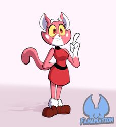  anthro boots clothing collar domestic_cat dress eyebrows fanamationu felid feline felis female footwear fur gesture hand_gesture mammal pink_body pink_fur raised_eyebrows raised_tail red_clothing red_dress red_eyes shima_luan smile solo solo_focus super_planet_dolan tail yellow_sclera 