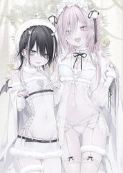  2girls :d ass_visible_through_thighs black_hair blue_eyes braid breasts christmas christmas_ornaments christmas_tree cleavage cleavage_cutout clothing_cutout covered_navel demon_girl demon_wings grey_eyes heart_cutout heterochromia highres lingerie long_sleeves looking_at_viewer mashiro_shiki multiple_girls navel original panties pink_eyes pink_hair smile underwear white_panties wings 