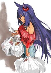  absurdres animal_ears bag bare_shoulders black_hair breasts commentary_request dark-skinned_female dark_skin denim e-ncyo ear_ornament ear_scrunchie female frilled_shirt frills from_above hair_ornament hairclip highres hishi_amazon_(umamusume) holding holding_bag holding_paper horse_ears horse_girl horse_tail jeans long_hair long_sleeves medium_breasts official_alternate_costume pants paper plastic_bag red_shirt shadow shirt shopping_bag simple_background solo tail umamusume very_long_hair white_background 