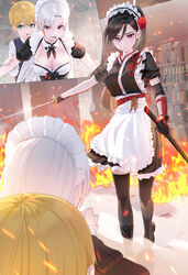  1boy 2girls apron bandaged_arm bandages black_gloves black_hair black_thighhighs blonde_hair blood blood_on_face breasts cleavage fire gloves green_eyes grey_hair hair_between_eyes highres holding holding_sword holding_weapon kfr large_breasts long_hair maid_headdress multiple_girls multiple_views original parted_bangs ponytail purple_eyes red_eyes short_hair sword thighhighs waist_apron weapon 