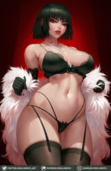  armpit_crease bare_shoulders bob_cut bra breasts collarbone cowboy_shot elbow_gloves female fubuki_(one-punch_man) fur_shawl garter_belt garter_straps gloves green_bra green_eyes green_gloves green_hair gumroad_username highres jewelry lace-trimmed_bra lace-trimmed_gloves lace_trim large_breasts lingerie looking_at_viewer luminyu mole mole_on_body mole_on_thigh navel necklace one-punch_man patreon_username pearl_necklace red_background shawl short_hair signature simple_background skindentation solo thick_thighs thighhighs thighs thong twitter_username underwear web_address 