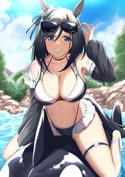  absurdres animal_ears barefoot bikini black_choker black_hair blue_eyes blue_sky breasts choker cloud commentary_request commission day detached_sleeves eishin_flash_(umamusume) eyewear_on_head female grin groin highres horse_ears horse_girl long_hair long_sleeves looking_at_viewer navel orca same_kujira_(challenger_310) skeb_commission sky smile solo stomach sunglasses swimsuit thigh_strap thighs umamusume water 