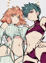  2girls angel_and_devil asymmetrical_docking bare_shoulders bra breast_press breasts cleavage_cutout closed_mouth clothing_cutout detached_sleeves emiya_shirou fate/stay_night fate_(series) from_below g-string garter_straps genderswap_(mtf) getter_robo gou_saotome green_hair hanahiyo_(hoimin) highres large_breasts light_frown lingerie looking_down medium_hair meme_attire multiple_girls navel orange_hair panties red_bra red_eyes red_panties red_sleeves rule_63 shin_getter_robo short_hair small_breasts sweatdrop sweater thighhighs thong turtleneck turtleneck_bra turtleneck_sweater underboob underwear virgin_destroyer_sweater white_background white_bra white_panties white_sleeves yellow_eyes 