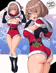  absurdres ass ass_focus blue_eyes blush breasts brown_hair christmas cleavage covered_navel dress english_commentary evalynn_(sarukaiwolf) female from_behind fur-trimmed_dress fur_trim highres holding holding_mistletoe huge_ass large_breasts looking_at_viewer looking_back mistletoe mole open_mouth original santa_capelet santa_dress santa_hood sarukaiwolf short_hair smile solo thick_thighs thighs underbutt 