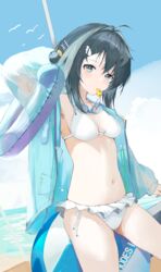  absurdres ahoge arknights ball beachball bikini blue_sky breasts citrus_(pixiv_32844232) female goggles goggles_around_neck hair_ornament hairclip highres holding innertube jacket jacket_over_swimsuit la_pluma_(arknights) la_pluma_(summer_flowers)_(arknights) long_sleeves looking_at_viewer mouth_hold navel ocean official_alternate_costume open_clothes open_jacket short_hair sitting_on_ball sky solo swim_ring swimsuit whistle white_bikini 