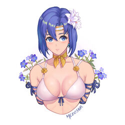  alternate_costume artist_name bikini blue_eyes blue_hair breasts catria_(fire_emblem) cleavage closed_mouth collarbone female fire_emblem fire_emblem:_mystery_of_the_emblem fire_emblem:_shadow_dragon_and_the_blade_of_light flower hair_flower hair_ornament large_breasts lips looking_at_viewer meziosaur short_hair simple_background solo swimsuit upper_body white_background white_bikini 