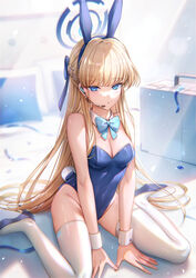  absurdres animal_ears blonde_hair blue_archive blue_bow blue_bowtie blue_eyes blue_footwear blue_halo blue_leotard blush bow bowtie breasts detached_collar fake_animal_ears fake_tail female groin halo headset high_heels highres leotard long_hair looking_at_viewer medium_breasts official_alternate_costume parted_lips playboy_bunny rabbit_ears rabbit_tail solo strapless strapless_leotard tail thighhighs toki_(blue_archive) toki_(bunny)_(blue_archive) tsugutoku white_thighhighs wrist_cuffs 