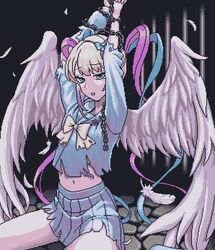  angel_wings arms_up black_background blue_bow blue_eyes blue_hair blue_serafuku blue_shirt blue_skirt bound bound_arms bow chains chouzetsusaikawa_tenshi-chan cobblestone eencya feathered_wings feathers female grey_hair hairbow long_hair long_sleeves looking_at_viewer multicolored_hair multiple_hair_bows navel needy_girl_overdose official_art open_mouth parody_request pink_hair pixel_art pleated_skirt quad_tails school_uniform serafuku shirt sitting skirt solo torn_clothes very_long_hair white_wings wings yellow_bow 