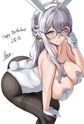  ahoge animal_ears black_pantyhose breasts brown_eyes cleavage collarbone dated earrings fake_animal_ears female glasses gloves grey_hair happy_birthday highres jewelry large_breasts leotard long_hair original pantyhose piukute062 playboy_bunny rabbit_ears rabbit_tail round_eyewear signature solo strapless strapless_leotard tail thighband_pantyhose white_gloves white_leotard 