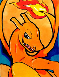  absurd_res ambiguous_gender blue_eyes charizard dragon fangs feral fire generation_1_pokemon glury_the_unown hi_res horn long_neck looking_at_viewer membrane_(anatomy) membranous_wings mythological_creature mythological_scalie mythology nintendo open_mouth orange_background orange_body pokemon pokemon_(species) portrait scalie simple_background smile solo tail teeth traditional_media_(artwork) wings 