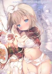  blonde_hair blue_eyes blush bra breasts cameltoe commentary_request cookie female food garter_belt hair_ornament hairclip lingerie lying medium_breasts navel on_side original panties piyodera_mucha scarf smile snow_globe solo thigh_gap thighhighs underwear 