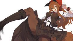  boots brown_eyes brown_hair brown_skirt female hair_between_eyes kicking knee_boots lansane long_hair original pantyhose red_ribbon ribbon skirt solo tail thighs tsana_(lansane) white_background 