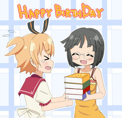  &gt;_&lt; 2girls :d ^_^ agenasu bare_arms bare_shoulders black_hair blue_background book book_stack carrying closed_eyes collarbone commentary_request crying dress flying_sweatdrops gen&#039;ei_wo_kakeru_taiyou glasses hair_ribbon happy_birthday multiple_girls open_mouth orange_dress orange_hair plaid plaid_background puffy_short_sleeves puffy_sleeves red_sailor_collar ribbon round_eyewear sailor_collar school_uniform serafuku shinzaki_fuyuna short_hair short_sleeves sleeveless sleeveless_dress smile taiyou_akari tears two_side_up upper_body 