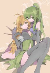  2girls ? ahoge blonde_hair braid breasts duel_monster elbow_gloves gloves green_eyes green_hair highres large_breasts long_hair multiple_girls navel ponytail ritual_beast_tamer_lara shorts sleeveless spiritual_beast_tamer_winda thighhighs tsumayouji_(dekosoko) very_long_hair winda_(yu-gi-oh!) yu-gi-oh! yuri 