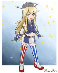  admiral_paru aged_down american_flag_legwear asymmetrical_legwear blonde_hair blue_eyes commentary_request eyes_visible_through_hair female flag_print front-tie_top full_body garter_straps headgear highres iowa_(kancolle) kantai_collection long_hair miniskirt mismatched_legwear navel open_mouth pentagon_(shape) skirt smile solo sparkle star-shaped_pupils star_(symbol) striped_clothes striped_skirt striped_thighhighs symbol-shaped_pupils thighhighs twitter_username vertical-striped_clothes vertical-striped_skirt vertical-striped_thighhighs 