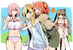  4girls ahoge alternate_costume bare_shoulders belt belt_buckle bikini blonde_hair blue_eyes blue_sky blush breasts brown_hair buckle cleavage closed_eyes closed_mouth collarbone commentary_request day double_v eyepatch fate/grand_order fate_(series) fujimaru_ritsuka_(female) fujimaru_ritsuka_(female)_(chaldea_pathfinder) glasses green_shorts hair_ornament hair_over_one_eye highres hug hug_from_behind jacket long_hair long_sleeves looking_at_another looking_at_viewer looking_to_the_side mash_kyrielight mash_kyrielight_(swimsuit_of_perpetual_summer_ver.02) multiple_girls naosuke_(morioka_shachuu) navel official_alternate_costume open_clothes open_jacket open_mouth ophelia_phamrsolone orange_hair outdoors pink_hair pocket purple_eyes robe scout_uniform see-through shirt short_hair short_sidetail short_sleeves shorts side-tie_bikini_bottom sky smile striped_bikini striped_clothes sun sunglasses sweatdrop swimsuit twintails uniform v white_bikini white_jacket white_shirt yu_mei-ren_(fate) yu_mei-ren_(swimsuit_lancer)_(fate) 