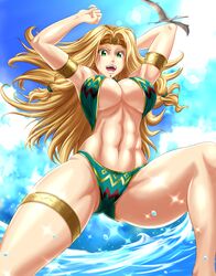  abs absurdres armlet bikini blonde_hair blue_sky breasts brown_headband chin_piercing cloud commentary day english_commentary fate/grand_order fate_(series) female green_bikini green_eyes headband highres jumping lens_flare long_hair mixed-language_commentary navel ocean prehistoric_animal pterosaur quetzalcoatl_(fate) quetzalcoatlus sky solo swimsuit thigh_strap underboob water zantyarz 