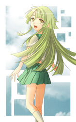  :d commentary_request feet_out_of_frame female from_behind gen&#039;ei_wo_kakeru_taiyou green_hair green_sailor_collar green_skirt kimita_(kiokunoumi) kneehighs long_hair looking_at_viewer looking_back open_mouth photoshop_(medium) pleated_skirt sailor_collar school_uniform serafuku short_sleeves skirt smile socks solo standing tsukuyomi_luna white_socks yellow_eyes 