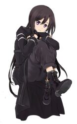  1boy androgynous bad_id bad_pixiv_id black_coat black_eyes black_footwear black_gloves black_hair black_pants boots closed_mouth coat fingerless_gloves floating_hair gloves hair_between_eyes hugging_own_legs kirito kirito_(sao-ggo) long_hair looking_at_viewer male_focus otoko_no_ko pants sau_(bluepoper) simple_background smile solo sword_art_online very_long_hair white_background 