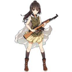  black_socks boots brown_eyes brown_hair cape female full_body girls&#039;_frontline grin gun holding holding_gun holding_weapon long_hair looking_at_viewer official_art open_mouth ponytail sleeveless smile socks solo standing tomato_(lsj44867) transparent_background trigger_discipline type_63_(girls&#039;_frontline) type_63_assault_rifle weapon white_cape 