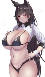  absurdres animal_ears atago_(azur_lane) atago_(stunning_speedster)_(azur_lane) azur_lane bikini black_bikini black_hair blush breasts cleavage dog_ears extra_ears female highleg highleg_bikini highres large_breasts long_hair long_sleeves looking_at_viewer navel official_alternate_costume race_queen satou_aji shrug_(clothing) smile solo stomach swept_bangs swimsuit thighs white_background wrist_cuffs 