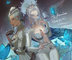  2girls apex_legends back-to-back belt black_gloves blue_butterfly blue_eyes blue_hair blue_jacket braid breasts bridal_gauntlets brown_eyes bug butterfly chikitamako cleavage commission earrings gloves grey_belt grey_hair hair_behind_ear halo hand_on_own_hip headdress highres hoop_earrings indie_virtual_youtuber jacket jewelry loba_(apex_legends) long_hair looking_at_viewer looking_to_the_side medium_breasts monarch_(amalee) multiple_girls navel official_alternate_costume pants parted_lips rum_runner_loba skeb_commission virtual_youtuber white_pants 