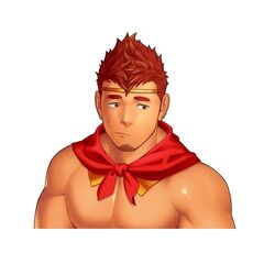  1boy bara ear_piercing earrings facial_hair gyee highres itto_(mentaiko) jewelry kong_(gyee) large_pectorals looking_to_the_side male_focus mature_male muscular muscular_male nipples pectorals piercing red_eyes red_hair sad scarf solo spiked_hair sprite stubble sweat sweatdrop thick_eyebrows topless_male upper_body 