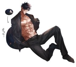  1boy abs bad_id bad_pixiv_id belt black_gloves black_legwear black_pants black_shirt burn_scar chibi chibi_inset domo_(domo_kizusuki) full_body gloves hair_over_one_eye highres knee_up kokuryu_kai_(domo) long_sleeves looking_at_viewer male_focus open_clothes open_shirt original pants pectorals scar shirt simple_background sitting solo white_background 