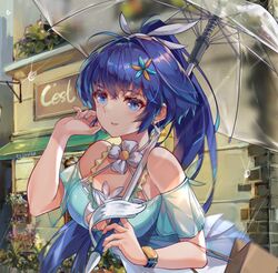  alternate_eye_color alternate_hair_color bag bare_shoulders blue_eyes blue_hair blue_nails breasts cafe city cleavage dress earrings female grin hair_between_eyes hair_ornament holding holding_umbrella honkai_(series) honkai_impact_3rd jewelry long_hair looking_at_viewer off-shoulder_dress off_shoulder open_mouth outdoors ponytail raiden_mei raiden_mei_(lightning_empress) shopping_bag short_sleeves smile solo summer_uniform teeth umbrella watch zomzomzomsauce 