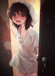  after_bathing blush breasts brown_eyes brown_hair cleavage cowboy_shot d: doorway embarrassed female looking_at_viewer naked_shirt open_door open_mouth opening_door original pov_doorway shirt solo standing tentsuu_(tentwo) towel towel_on_head 