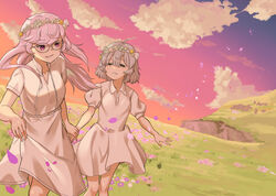  2girls ahoge alternate_costume alternate_eyewear belt belt_buckle blunt_bangs buckle cloud cloudy_sky collared_dress drawstring dress feet_out_of_frame flower glasses gradient_sky grass grey_hair head_wreath highres hill holding_hands kazari_jun long_hair looking_at_another magia_record:_mahou_shoujo_madoka_magica_gaiden mahou_shoujo_madoka_magica medium_dress miwa_mitsune multiple_girls nanakamado nature outdoors petals pink_eyes pink_flower pink_hair plant puffy_short_sleeves puffy_sleeves scenery short_dress short_hair short_sleeves sidelocks sky sunset white_belt white_dress wind 