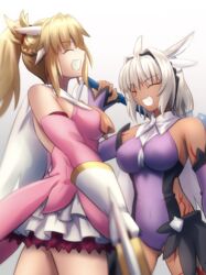  2girls :d ^_^ animal_ears ascot bare_shoulders blonde_hair braid breasts caenis_(fate) cape closed_eyes commentary_request cosplay dark-skinned_female dark_skin detached_sleeves dress elbow_gloves fate/grand_order fate/kaleid_liner_prisma_illya fate_(series) feather_hair_ornament feathers french_braid gloves hair_ornament hair_scrunchie highres holding holding_wand kaleidostick large_breasts layered_gloves leotard long_hair magical_girl magical_ruby magical_sapphire miyu_edelfelt miyu_edelfelt_(cosplay) mordred_(fate) mordred_(fate/apocrypha) multiple_girls open_mouth parody parted_bangs pink_dress pink_gloves ponytail prisma_illya prisma_illya_(cosplay) purple_leotard purple_sleeves scrunchie shoori_(migiha) sidelocks skirt smile style_parody takeuchi_takashi_(style) thighs two_side_up wand white_cape white_gloves white_hair white_skirt yellow_ascot 