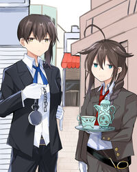  2girls absurdres ahoge alternate_costume black_jacket blue_eyes blue_ribbon braid brown_hair butler cowboy_shot cup formal gloves grey_jacket hair_flaps hair_over_shoulder highres holding holding_tray jacket kaga_(kancolle) kantai_collection long_hair looking_at_viewer multiple_girls neck_ribbon necktie pants red_necktie ribbon samonasu17 shigure_(kancolle) shigure_kai_ni_(kancolle) shirt side_ponytail single_braid smile suit teacup teapot tray watch white_gloves white_shirt yellow_eyes 