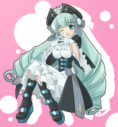  ;d aqua_bow aqua_hair big_hair black_footwear blue_eyes blunt_bangs blush boots bow breasts commentary_request dress etia_visconti female footwear_bow framed_breasts frilled_sleeves frills full_body gen&#039;ei_wo_kakeru_taiyou gloves hair_ribbon hat highres large_breasts layered_dress long_hair looking_at_viewer one_eye_closed open_mouth own_hands_together pink_background ribbon sitting smile solo toshizoo_(suematu666) very_long_hair white_dress white_gloves wide_sleeves 