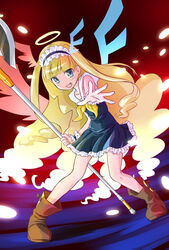  :d asymmetrical_wings axe bare_arms battle_axe blonde_hair blue_dress blue_eyes blue_hairband blunt_bangs boots brown_footwear commentary_request dress female frilled_hairband frills full_body gen&#039;ei_wo_kakeru_taiyou hairband halo head_wings highres holding holding_weapon j_paysage legs_apart lolita_hairband long_hair looking_at_viewer magical_girl neckerchief oerba_yun_fang open_mouth outstretched_arm sailor_collar sailor_dress shirokane_ginka sleeveless sleeveless_dress smile solo very_long_hair weapon white_sailor_collar wings yellow_neckerchief 