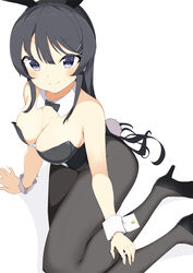  animal_ears arm_support bare_shoulders black_footwear black_hair blue_eyes blush breasts cleavage detached_collar female high_heels highres kura_ekaki looking_at_viewer medium_tank pantyhose playboy_bunny rabbit_ears rabbit_tail sakurajima_mai seishun_buta_yarou sitting smile solo tail wrist_cuffs yokozuwari 