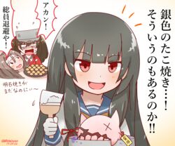  3girls :d abyssal_ship akashiyaki black_hair blunt_bangs brown_hair check_translation commentary_request dated floating_fortress_(kancolle) flying_sweatdrops food gloves hachimaki hair_ribbon headband holding holding_paintbrush isokaze_(kancolle) japanese_clothes kantai_collection kariginu light_brown_hair long_hair magatama mitchell_(dynxcb25) multiple_girls notice_lines open_mouth paintbrush pot red_eyes ribbon ryuujou_(kancolle) school_uniform serafuku smile sweatdrop takoyaki topless translation_request tray tress_ribbon twintails twitter_username visor_cap white_gloves x_x zuihou_(kancolle) 