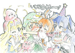  4girls :d ;) ;d armband back_bow bare_arms birthday birthday_cake blonde_hair blue_dress blue_eyes blue_hair blunt_bangs blush bow cake capelet colored_pencil_(medium) commentary_request dress earrings food frilled_hairband frilled_skirt frills gen&#039;ei_wo_kakeru_taiyou glomp gloves graphite_(medium) green_hair green_headwear green_vest grin hair_ribbon hairband hat holding holding_food hoshikawa_seira hug jewelry lolita_hairband long_hair multiple_girls neckerchief octopus one_eye_closed open_mouth orange_hair party_popper photoshop_(medium) puffy_short_sleeves puffy_sleeves red_eyes red_sailor_collar red_skirt ribbon sailor_collar sailor_dress school_uniform serafuku shirokane_ginka short_hair short_sleeves skirt sleeveless sleeveless_dress smile sparkle star_(symbol) star_earrings streamers taiyou_akari terumaru_(terumarize) traditional_media tsukuyomi_luna two_side_up upper_body vest white_bow white_gloves white_sailor_collar wrist_cuffs yellow_eyes yellow_neckerchief 