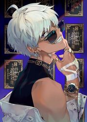  1boy angye_fdez black_tank_top blue_eyes dark-skinned_male dark_skin earrings jacket jacket_on_shoulders jewelry looking_at_viewer male_focus mammon_(obey_me!) multiple_earrings multiple_rings nail_polish ntt_solmare obey_me!:_one_master_to_rule_them_all! ring short_hair smile solo sunglasses tank_top teeth upper_body watch white_hair white_jacket white_nails wristband wristwatch 