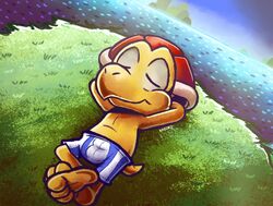  2022 3_toes anthro bottomwear boxers_(clothing) bulge closed_eyes clothed clothing cloud conditional_dnp crossed_legs detailed_background detailed_bulge feet grass hands_behind_back hill kazoko_(artist) koopa koopa_troopa lying male mario_bros nintendo on_back on_grass plant red_shell relaxing reptile scales scalie sea shell shell-less shorts smile toes topless topless_anthro topless_male turtle underwear underwear_only water yellow_body yellow_scales 