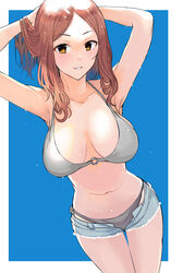  armpits arms_behind_head ashita_(2010) bikini bikini_under_clothes blue_background blush border breasts brown_eyes collarbone commentary_request denim denim_shorts female grey_bikini highres idolmaster idolmaster_cinderella_girls large_breasts looking_at_viewer medium_hair micro_shorts navel no_shirt o-ring o-ring_bikini o-ring_top parted_lips red_hair sawada_marina shorts smile solo standing swimsuit thigh_gap thighs two-tone_background wet white_background white_border 