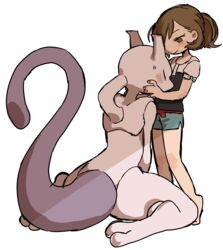  2019 absurd_res ambiguous_gender biped blush brown_eyes brown_hair closed_eyes clothed clothing digital_media_(artwork) duo elaine_(pokemon) female generation_1_pokemon hair hi_res human legendary_pokemon mammal mewtwo nintendo pokemon pokemon:_let&#039;s_go pokemon_(species) she_tikin simple_background smile standing white_background young 